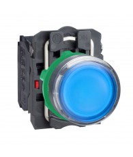 Harmony komplett műanyag LED világító nyomógomb, O22, visszatérő, 1NO+1NC, 24VAC/DC, kék