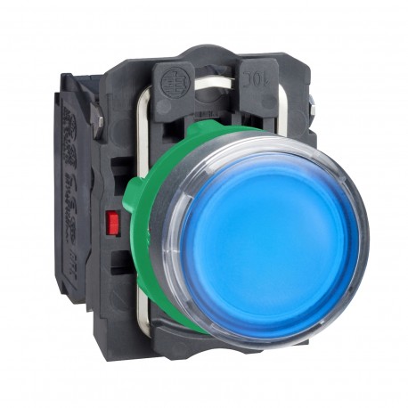 Harmony komplett műanyag LED világító nyomógomb, O22, visszatérő, 1NO+1NC, 24VAC/DC, kék
