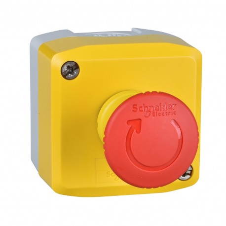 Harmony XALK tokozott vészgomb, sárga, 1 piros gombafejű nyomógomb, forgatásra kioldó, 1NC, felirat nélkül