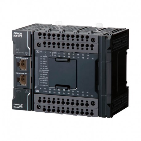 Sysmac NX1P CPU with 24 Digital Transistor I/O (NPN), 1 MB memory, EtherCAT (0 servo axes, 2 PTP axes, 8 EtherCAT nodes), EtherN