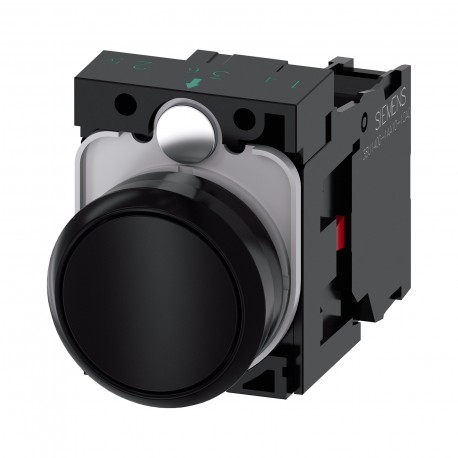 Pushbutton, 22 mm, round,plastic, black, pushbutton,flat, momentary contact type,with holder 1 NC, screwterminal