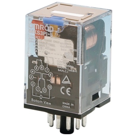 Relay, plug-in, 11-pin, 3PDT, 10 A, mech indicator, test button