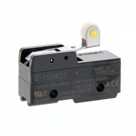 General purpose basic switch, short hinge roller lever, SPDT, 15 A, solder terminals